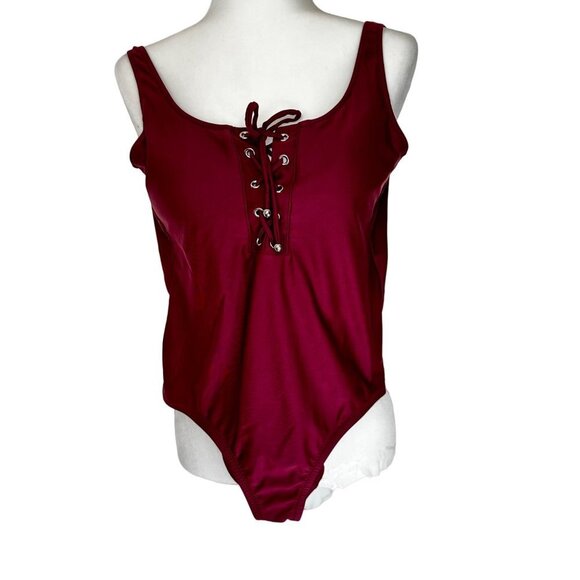 Mossimo Women's Lace Up Low Back Maroon One Piece Swimsuit Size Small - Picture 1 of 6